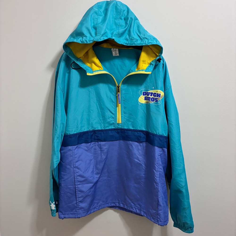 Dutch Bros Coffee Windbreaker Jacket Mens Large Teal Blue Colorblock Half Zip